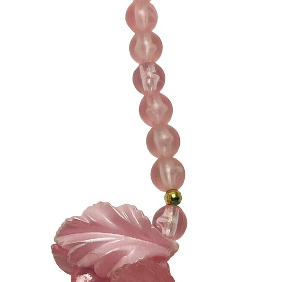 Pink Molded Lucite Leaf Frosted Bead Runway Couture Necklace 24”
